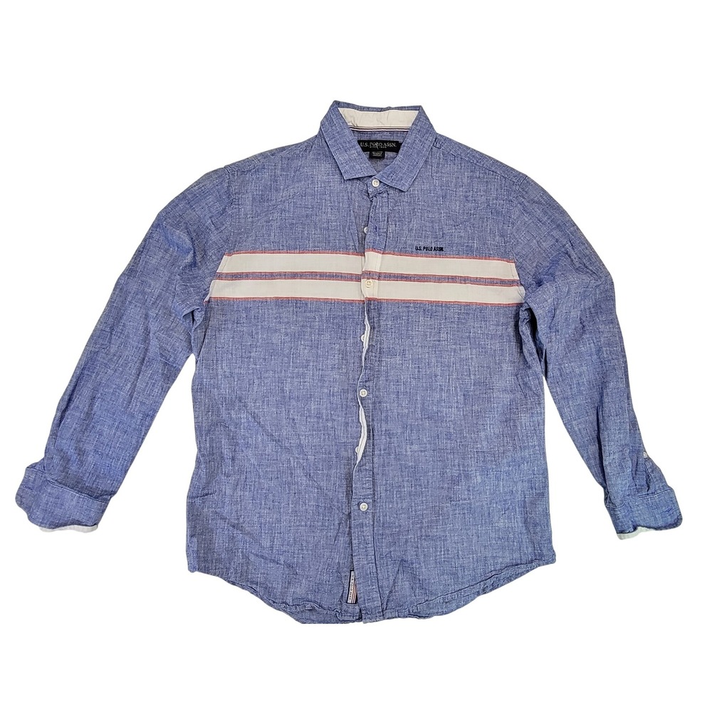 US Polo Assn Mens Linen Blend Button Down Shirt Blue Stripe Casual Long Sleeve L